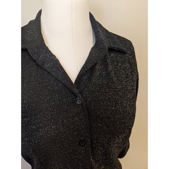 VINTAGE 90s Dyna Black Sparkle Knit Collared 3/4 Sleeve Top Party Glitter Sz M - Picture 3 of 7